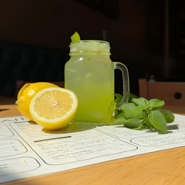 A refreshing glass of lemonade with fresh lemons and mint on a cafe table.