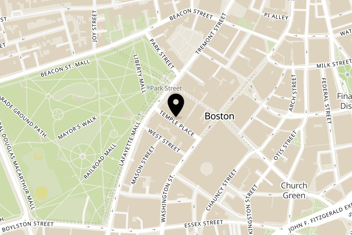 Map showing the location of Cafe 26 on 26 Temple Pl in Boston